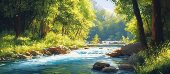 Wall Mural - a river flows through a lush forest, sunlight streaming through the trees, creating a picturesque sc