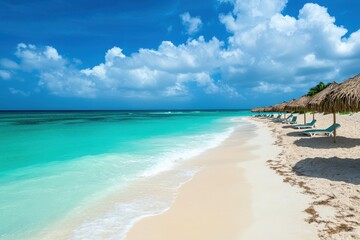 Gorgeous beach view in Aruba with sun umbrellas on turquoise water