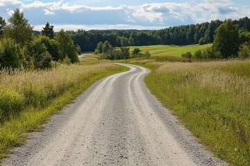 Gravel road in rural area with field view