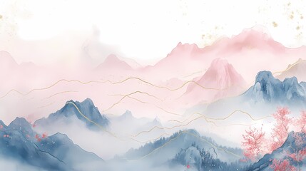 Traditional Chinese pink and blue mountain poster background