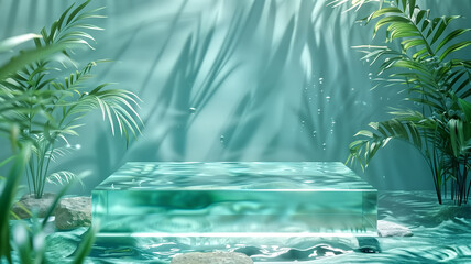 crystal clear podium creates enchanting underwater effect, surrounded by lush green plants and soft light filtering through water. This serene scene evokes tranquility and beauty