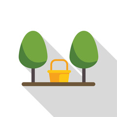 Poster - Yellow basket standing between two trees in the park, flat design icon illustration with long shadow
