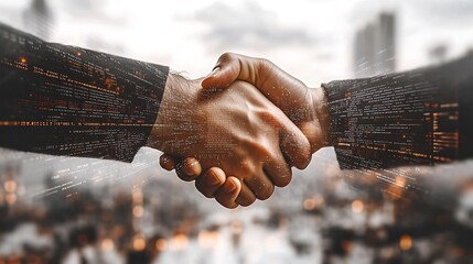 A handshake blended with coding screens, servers, and futuristic data networks, representing partnerships in tech and cybersecurity. The white background adds a sleek, modern tech feel.