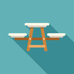 Poster - Simple wooden picnic table with attached benches, perfect for enjoying a meal outdoors