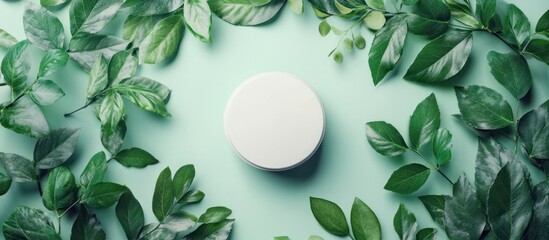 Wall Mural - White round container surrounded by green leaves on a blue background.