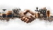 © LuvTK - A handshake overlaid with coffee beans, espresso machines, and baristas preparing drinks, symbolizing innovation in the coffee industry. The white background highlights the clean,