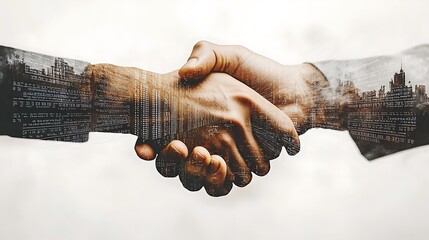 Double exposure of a handshake overlaid with coding interfaces, data servers, and cyber grids, representing partnerships in technology and cybersecurity. The white background adds a modern, sleek,