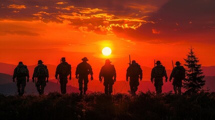 Wall Mural - Sunset Salute: Silhouettes of Military Veterans from Army, Marines, Navy and Air Force