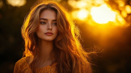 Wall Mural - A woman with long red hair standing in front of a sunset