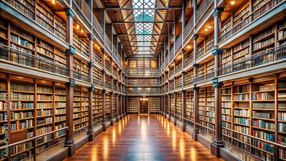 Forced perspective memory library with shelves of books