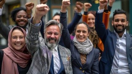 Wall Mural - Triumphant Diverse Business Group Celebrating with Fist Up Outside Company Building