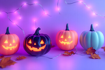 Poster - Multiple Halloween pumpkins with glowing lights on a soft purple background Perfect for festive Halloween decorations or autumn celebrations