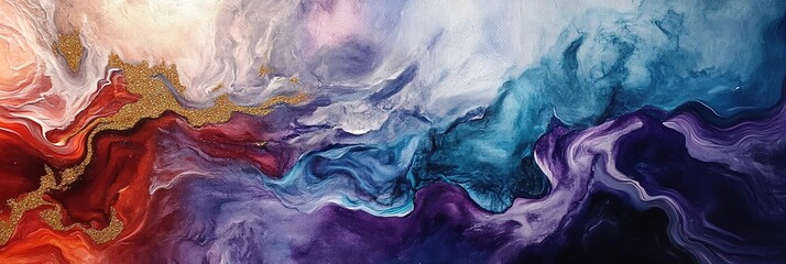 an acrylic fluid art with colors of eggplant gold silver coral and blues and red with fabric hanging off the canvas that flow