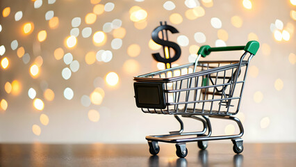 Bokeh abstract with holographic shopping cart and dollar sign concept as A still shot capturing a vibrant bokeh abstract background with two prominent holographic icons�a shopping cart and a dollar si