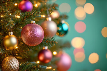 Poster - Christmas tree decorated. A vibrant Christmas tree adorned with multicolored lights and baubles, glowing against a soft green background