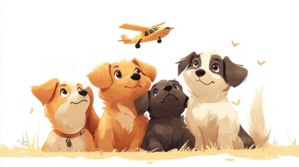 A stack of adorable dogs, each looking up at a small aircraft in the sky. The illustration is warm and inviting, with a naive, toasty cartoon style that feels restorative.