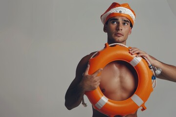 Male lifeguard with safety equipment on neutral background