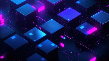 Poster - Abstract Neon Cubes on a Circuit Board