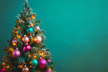 Poster - Christmas tree decorated. A vibrant Christmas tree adorned with multicolored lights and baubles, glowing against a soft green background