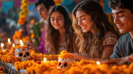 Celebration of life with friends, featuring colorful marigolds, candles, and decorative skulls in a festive atmosphere.