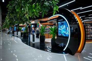 Futuristic shopping mall with holographic displays, customers using touchless payment systems while browsing virtual shelves