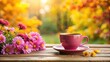 © suchetpong - Forced perspective pink cup of coffee and flowers autumn composition in daylight