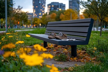 Homelessness in simplicity shown by an empty bench and a pair of worn shoes placed underneath