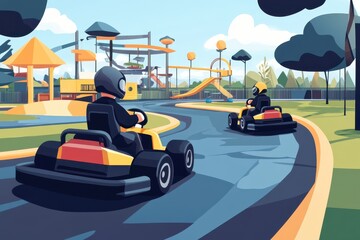 Wall Mural - Men racing Go karts fast on track