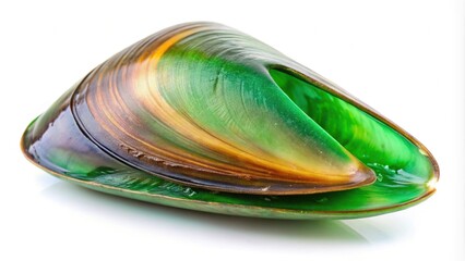 Wall Mural - Forced perspective shell of green mussel isolated on white background