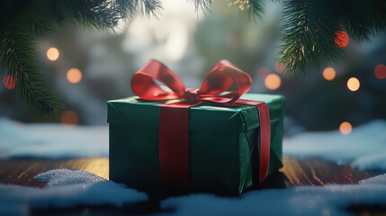 beautifully wrapped gift in green paper with red ribbon, evoking holiday joy