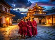 © Adisorn - Young monks in vibrant red robes walk together, embracing the serenity of Bhutan's tranquil courtyard as they approach the temple with peaceful intentions.