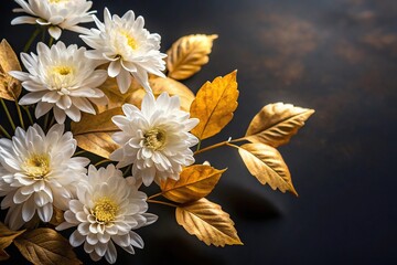 Wall Mural - Forced perspective white flowers and golden leaf on black background