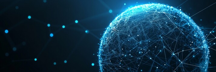 Poster - A glowing blue sphere representing the global network, connected by lines symbolizing data flow, showcasing future technology.