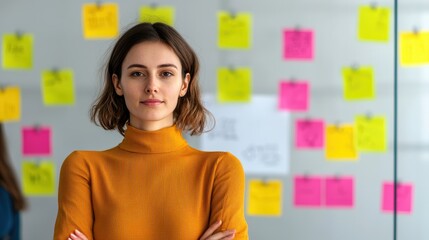 Poster - A focused woman in a mustard turtleneck stands confidently in front of a wall covered in colorful sticky notes in a collaborative workspace.