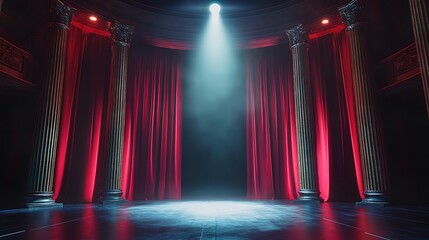 Red Velvet Curtains and Spotlight on a Stage