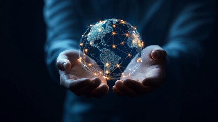 Aufkleber - A pair of hands hold a glowing, connected globe symbolizing global communication, technology, and interconnectedness.