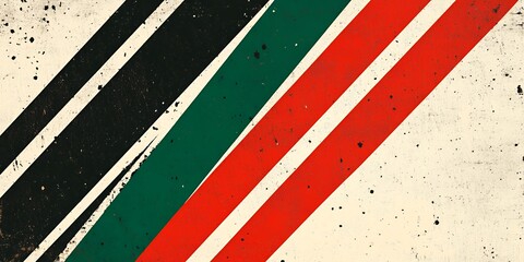 Poster - Abstract diagonal stripes in black, white, green, and red.