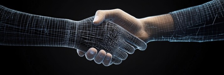Poster - A wireframe handshake symbolizes the fusion of human and digital worlds, representing collaboration, innovation, and the future of technology.