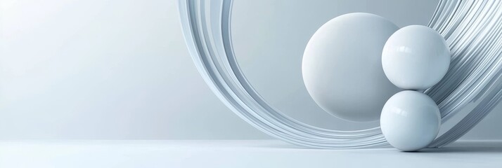 Poster - Abstract white background with circular elements and three white spheres, symbolizing connection, balance, simplicity, geometry, and modern design.