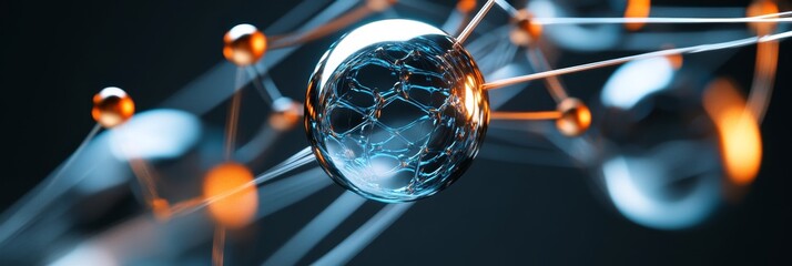 Poster - An abstract representation of nanotechnology with a central sphere connected to other spheres by lines, symbolizing connections, networks, innovation, and progress in science and technology.