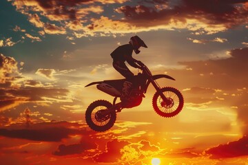 Wall Mural - Motocross rider leaps at sundown