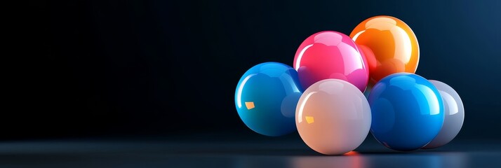 Poster - Glowing Neon Balloons Illuminate Vibrant 3D Abstract - A cluster of glossy, vibrant, neon balloons illuminate a dark background, symbolizing creativity, energy, celebration, unity, and growth.
