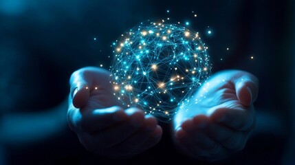 Poster - Hands gently cradle a glowing sphere of interconnected lines, symbolizing the ever-expanding reach of technology, communication, and global connection.