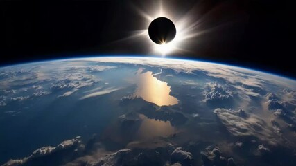 Wall Mural - total solar eclipse seen from space, with earth in the foreground.