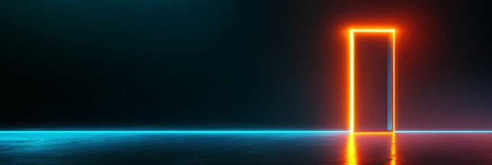 Poster - Neon Geometric Portal in a Sci-Fi Setting, depicting a glowing orange portal, blue ground, and a futuristic, abstract background.