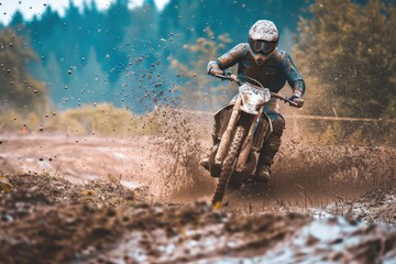 Wall Mural - Motocross riding on wet and muddy ground splashing mud