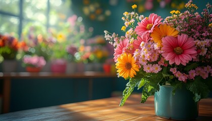 Wall Mural - a bouquet of flowers in a blue cup

