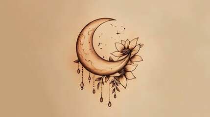 Poster - Hand drawn crescent moon with floral accents.