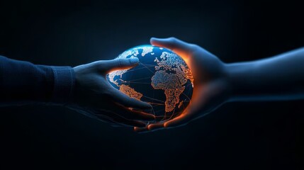 Poster - Two hands cupping a glowing Earth symbolizing global connection, technology, unity, and the future.