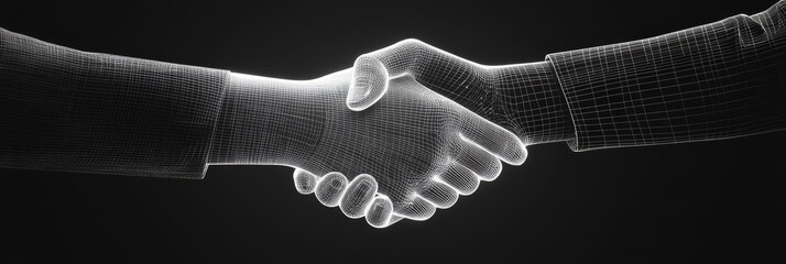 Poster - Two wireframe hands in a handshake, symbolizing collaboration, partnership, agreement, connection, and digital transformation.
